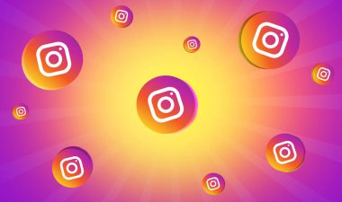 Renkli arkaplanda yüzen sosyal medya platformu Instagram logoları, illüstrasyon konsepti tasarımı