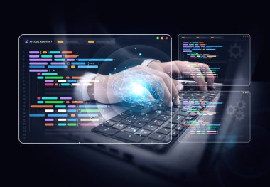 Yapay Zeka kodlaması ve renkli şekilli programlama konsepti ve arka planda yazı yazan kişi. AI kod yardımcısı konsept tasarım arkaplanı