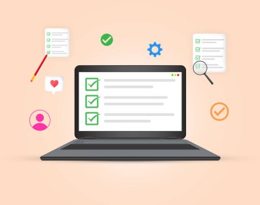 Dizüstü bilgisayar ekranında işaretli kontrol listesi ögeleri, çizim konsepti. Kalem, büyüteç, kalp.