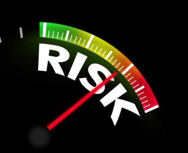 Orta sarı alanda, iş zemininde iğne olan risk ölçer. İş, finans ve ölçümlerdeki risk değerlendirmesi