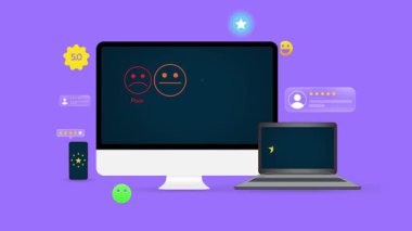 Cihazların etrafında süzülen renkli yıldız ve şekilli 4k animasyon kavramının yorumları ve yorumları. Beş yıldız puanı, eleştiriler