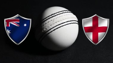 Avustralya İngiltere Kriket Maçı sabitleme konsepti 4k görüntü, ortasında sallanan bayraklar ve top, spor arkaplanı