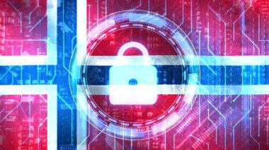 Norveç 'te Siber Güvenlik kavramı, arka planda parlayan kilit ve bayrak, 4K fütüristik teknoloji arkaplanı