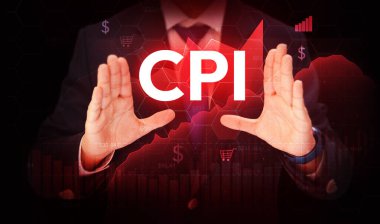 El ve tipografi arasında parlayan kırmızı renkli tüketici fiyat endeksi. Rapor kavramını, Cpi 'yi, enflasyonu ve tüketici özetini ölçen tüketici malları ve hizmetleri