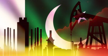 Pakistan petrol fiyatları kırmızı grafik ve dalgalı bayrak boyunca endüstriyel zemin ile yükseliyor