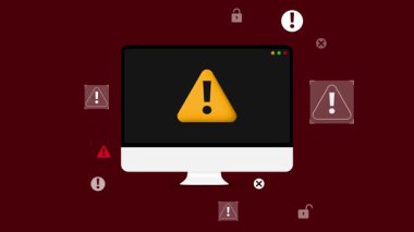 Bilgisayar ekranında 4k animasyonunda hata ve virüs görünüyor. Tuşlama için yeşil ekranlı konserve, uyarı, kırmızı, hata ve alarm bilgi grafikleri