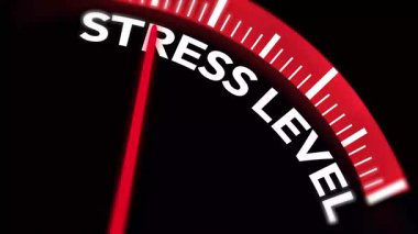 Kırmızı alarmlı hız göstergesinde maksimum ve yüksek stres seviyesi. İğne dolu halde 4k animasyon. Ruh sağlığı, stres yönetimi kavramı