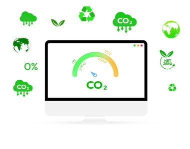 CO2 emission ecology concept with meter showing zero percent by 2050, sustainable energy and ecological concept background clipart