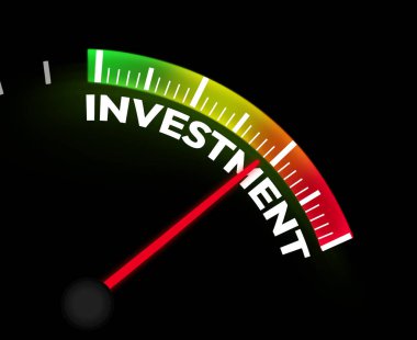 Turuncu noktasında iğne olan bir hız göstergesi, iş arkaplanı. Yatırım, iş, para, kar, risk, dönüş, roi