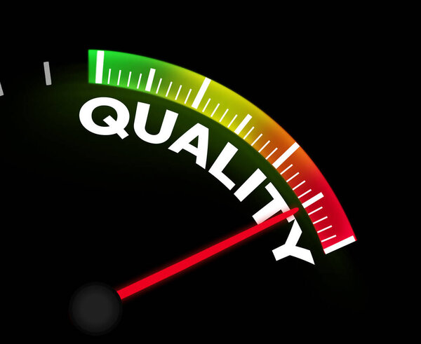 Спидометр, показывающий высочайшее качество, с иголочкой на красной стороне цветной полосы, обратная сторона бизнес-концепции. Высокое качество, высокое качество, эффективность, маркетинг и результаты