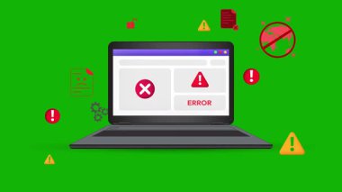 Laptop ekranında hatalar ve potansiyel virüs tehditleri beliriyor ve yeşil ekran 4K animasyonuyla etrafta dolanıyor. Yetkisiz erişim, başarısız, hata