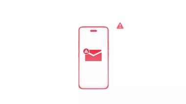 Beyaz arka plandaki akıllı telefonun etrafında kırmızı yüzen hatalar ve virüs, 4K animasyon. Tehditler, hackleme girişimi, uyarı, spam e-posta, bildirim, elektronik posta