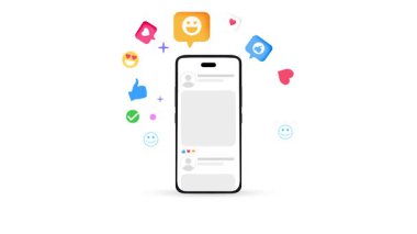 Sosyal medya konsepti 4k animasyon akıllı telefon ekranında yüzen renkli şekiller. Yorumlar, geri bildirim, aşk, gönderi, besleme, cep telefonu
