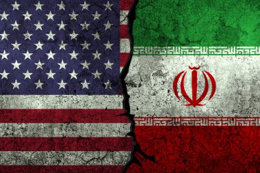 ABD, İran 'a karşı siyasi çatışmalar ve ihtilaf temsilcileriyle grunge desenli duvar zeminine bayraklar çizdi