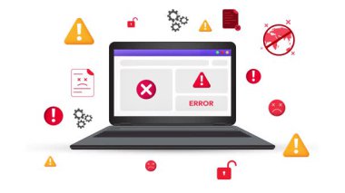 Dizüstü bilgisayar ekranında yüzen uyarı işaretleriyle yapılan hatalar ve virüs saldırıları. Hackleme, hata, deneme