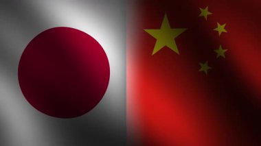 Japonya ve Çin bayrağı birlikte 4k animasyon sallıyor, çatışma, çatışma, teknoloji