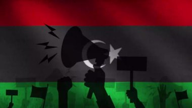 Libya kavramını protesto eden insanlar arka planda bayrak sallayarak 4k animasyon yapıyorlar