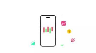 Mobil konsepti renkli mumlar ve yüzen hedeflerle takas etmek, 4k animasyon. Akıllı telefon, kar, zarar, ticaret, yatırım