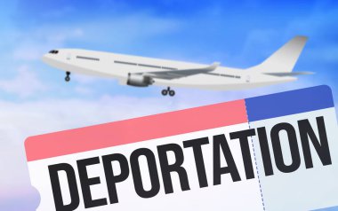Amerika Birleşik Devletleri sınırdışı uçuş konsepti. Uçuş kartı ve arka planda bulanık bir uçak. ABD sınır dışı kavramı tasarımı