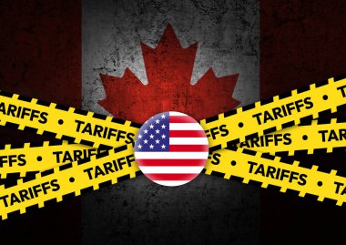 Üzerinde bayrak ve sarı bant tipografisi olan Kanada kavramı üzerine ABD tarifeleri.