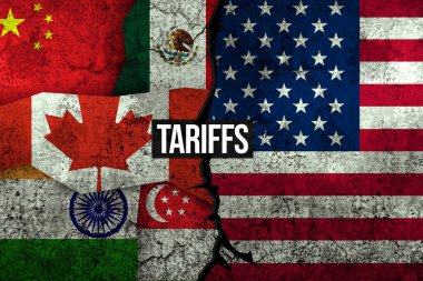 Kanada, Çin, Hindistan ve diğer ülkelerdeki Amerikan tarifeleri, dokulu bayrak ve tipografi ile arka plan.