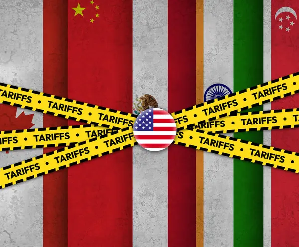 Amerika Birleşik Devletleri birden fazla ülkeye gümrük vergisi uyguluyor. Sarı bantlı arka plan kavramı. Tarrifler, vergiler, Kanada, Meksika, Çin ve Hindistan. ABD ithalat tarifeleri arkaplan