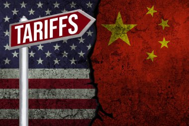 Çin ve Amerika Birleşik Devletleri gümrük vergileri, bayrak ile iş konseptini değiş tokuş ediyor. İthalat tarifesi, vergi, iş