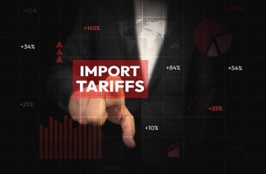 Ekranda İthalat Gümrük İthalat Tipografisi 'ne dokunan kişi kırmızı şekilli, ticari savaş konsepti. Vergi, gümrük vergisi