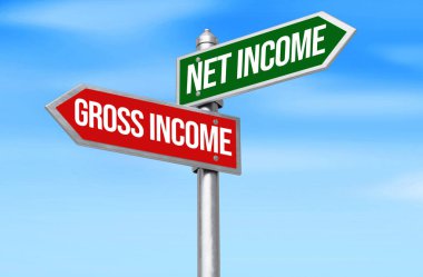 Net Gelirler, Gross Gelirler 'e karşı tabelalarda karşı yönde mavi gökyüzü arkaplanında yazıyor. İş, finans, para, kırmızı tabela