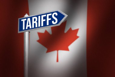 Amerika Birleşik Devletleri Kanada 'ya gümrük vergisi uyguluyor, tabelasında tipografi yazılı bayrak sallıyor. İthalat vergisi, gümrük vergisi, iş, finans, enflasyon