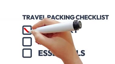 Pasaport, bilet ve temel ihtiyaçlar işaretleyici ile tıklanıyor, Seyahat Paketleme Listesi 4k arkaplan