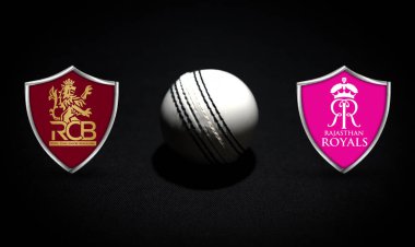 Royal Challengers Banglore, Rajsthan Royals kriket sahasının arka planına karşı top ortada. Resimli yazı, RCB vs RR