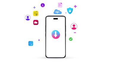 Akıllı telefon konsepti 4K animasyonu indiriliyor. Cep telefonunun etrafında yüzen şekiller var. Renkli. İnternet, düğme, dosyalar, güvenli