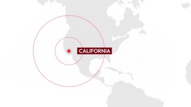 Kaliforniya haber ve deprem kavramı dünya haritası ve ABD haritasında yanıp sönen kırmızı nokta