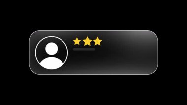 Beş yıldız değerlendirmesi ve siyah izole edilmiş arka plan hakkında geri bildirim, 4k animasyon. Yorumlar, yorumlar, kullanıcılar