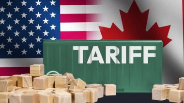 Birleşik Devletler Kanada 'ya karşı Gümrük Savaşı konsepti 4k Animasyon önünde bayrak ve konteynır sallayarak