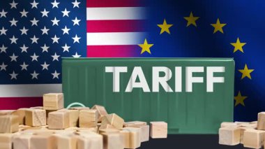 ABD - Avrupa Ticaret Savaşı konsepti 4k animasyon, siyaset, iş dünyası, çatışma. Amerika ve Avrupa Gümrük Vergisi konusunda ticaret sorunları