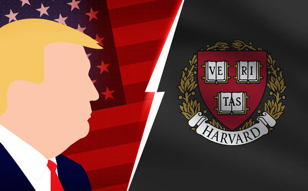 President Donald Trump Vs Harvard University Conflict concept background, illustrative editorial. Canceling federal contract with Harvard, funding, education