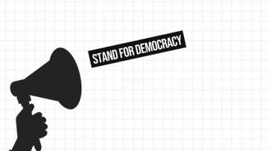 Megafondan çıkan Demokrasi tipografisi, 4k animasyon. Siyasi, protesto, demokrasi, kampanya