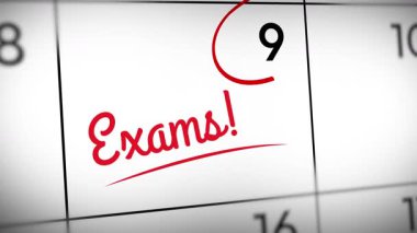 Takvimde sınav tarihini kırmızı 4K animasyonuyla işaretliyorum, kapatın. Eğitim, sınavlar, sınav, duyuru