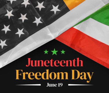 Renkli Amerikan bayrağı ve tipografisi olan Haziran Özgürlük Günü duvar kâğıdı. Özgürlük günü, adalet, federal bayram, köleliğin sonu.