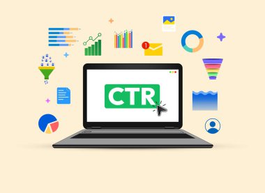 Bilgisayardaki CTR ekranında yüzen bilgi, grafik, büyüme, yol gösterme, dönüşümler, tıklama oranı