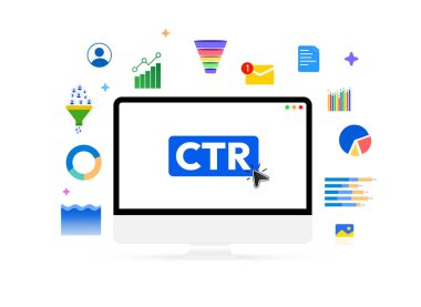 Bilgisayar ekranı ve süzülen şekiller, ctr, business, finanse, graph, leads, huniler ile hız kavramının arkaplan tasarımına tıklayın