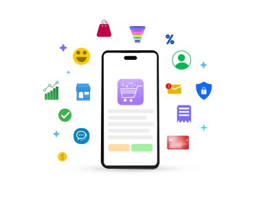 Ekranda el arabası ve yüzen bilgi grafikleri ve arka planda düğmeleri olan bir ticaret platformu. Satmak, satın almak, çevrimiçi, ticaret, kullanıcı.