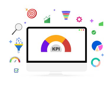 Renkli çubuklar ve kayan şekiller, modern iş büyüme stratejisi ve finans konsept tasarımı ile bilgisayar ekranında KPI metresi gösteriliyor.