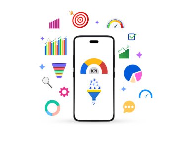 KPI performansı akıllı telefon ekranında gösteriliyor. Çevresinde renkli yüzen şekiller var, modern fon. Önde gelen üretim, bacalar, iş büyümesi