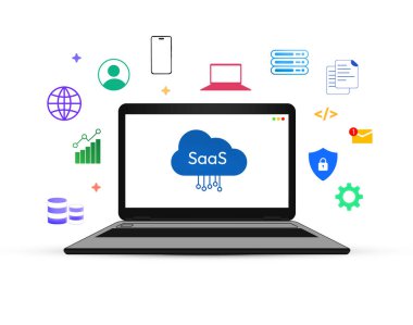 Laptop ekranlı ve kayan şekilli Saas Bulutu, kullanıcı, veritabanı, yazılım servisi, veri depolama, güvenli