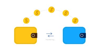 Dolar ve para birimlerini bir cüzdandan diğerine aktarmak, dijital para transferi konsept tasarımı, fintech, güvenli, güvenli işlem