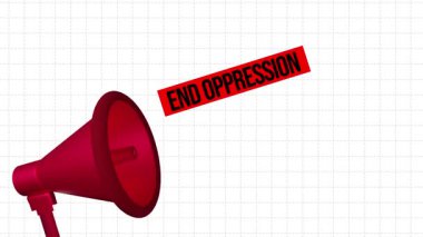 Beyaz arka planda kırmızı megafondan çıkan baskıcı tipografinin sonu, 4k animasyon. Sesini yükselt, protesto et, direnç göster