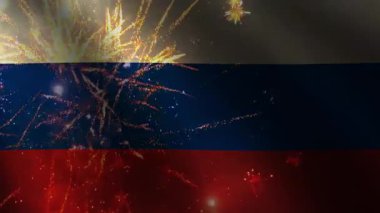 Rusya Günü konsepti havai fişek ve bayrak sallayarak 4k animasyon